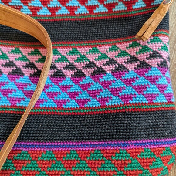 Handwoven Textile & Leather Backpack | Artisan Boho Drawstring Bag main image 4